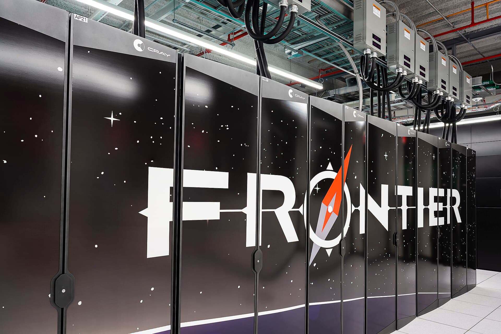 Rows of server cabinets of the Frontier supercomputer at Oak Ridge National Laboratory