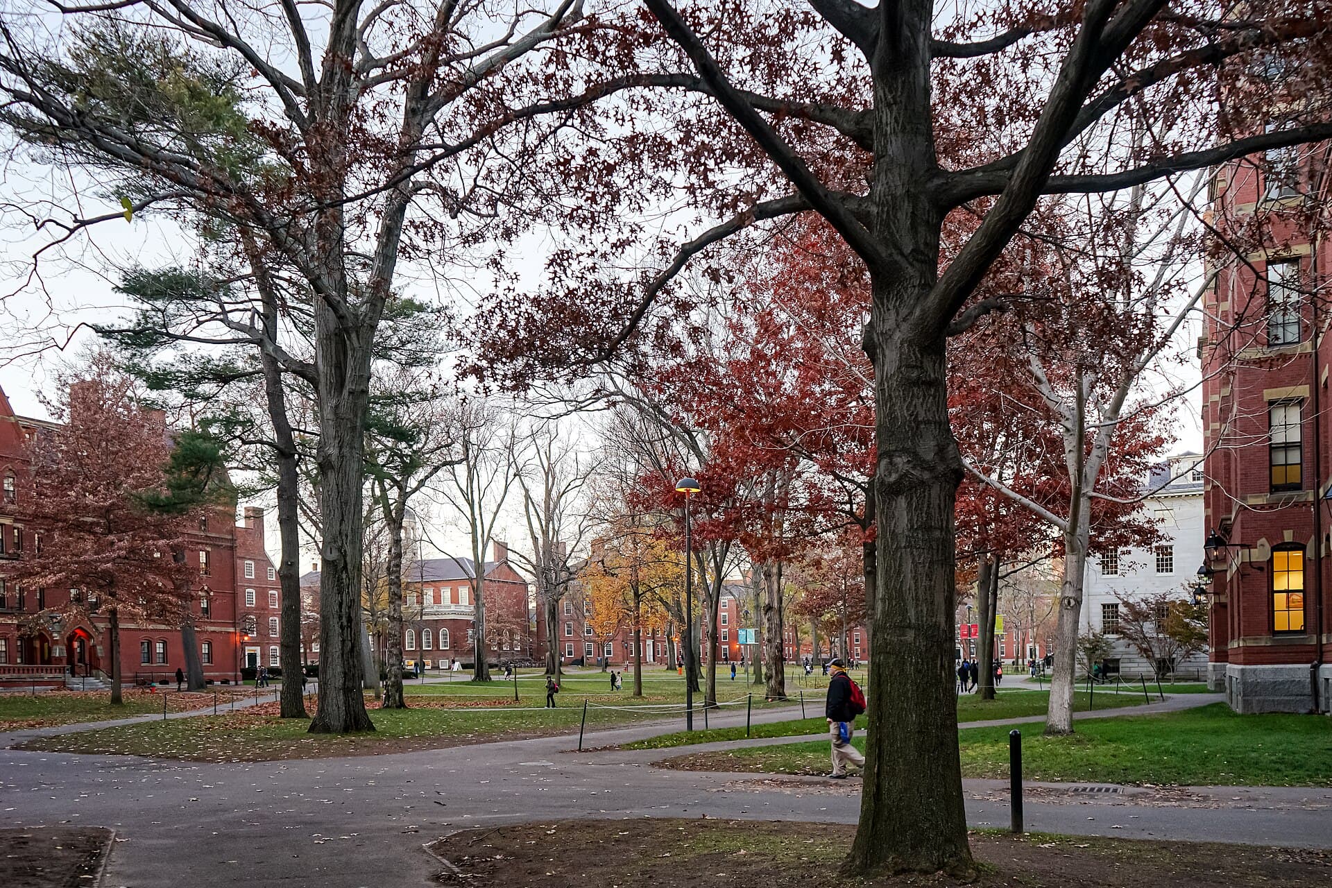 Harvard Yard in autumn, with students walking past red-brick buildings