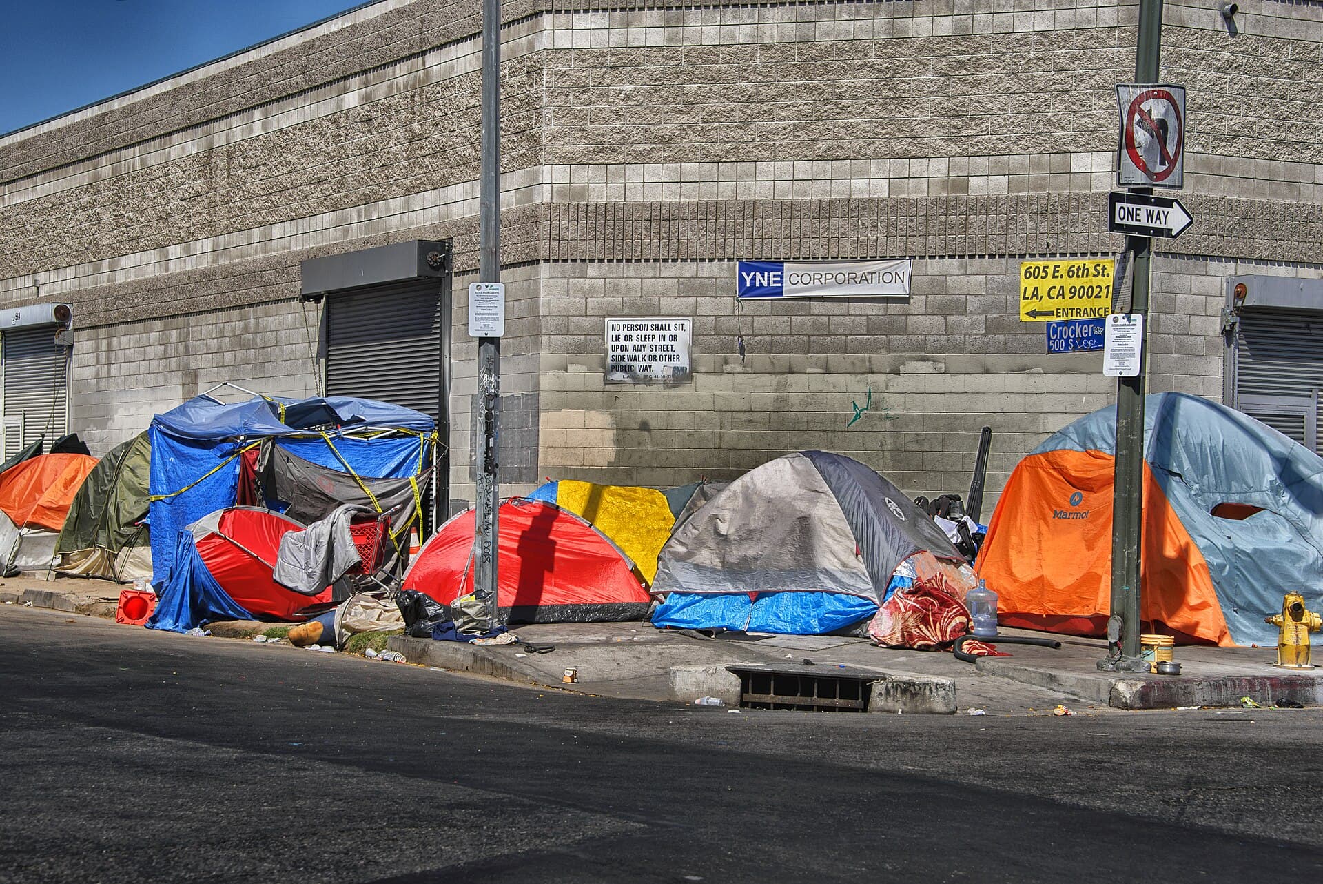 Tents lining a sidewalk in Skid Row, Los Angeles