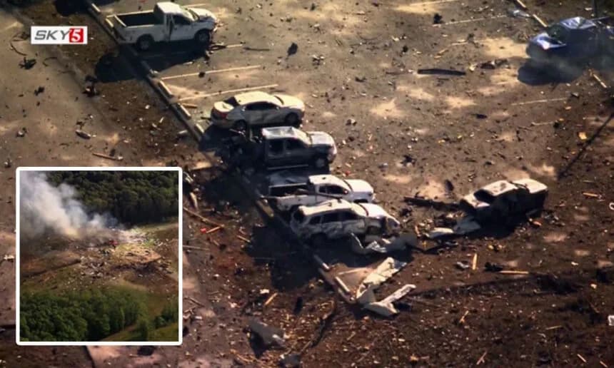 A screenshot from SKY5 aerial video showing damage from the explosion