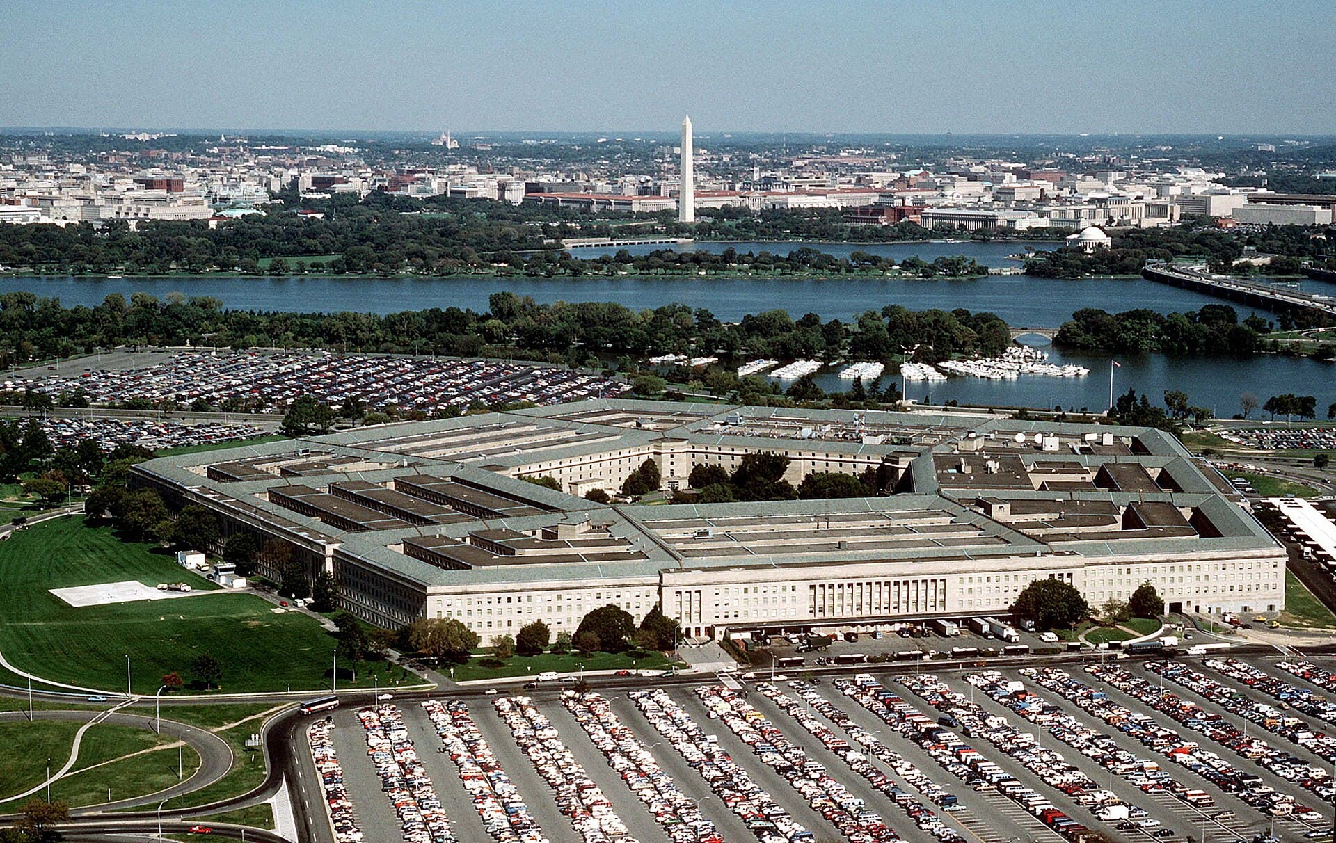 Aerial view of the Pentagon with the Potomac River and the Washington Monument in the distance